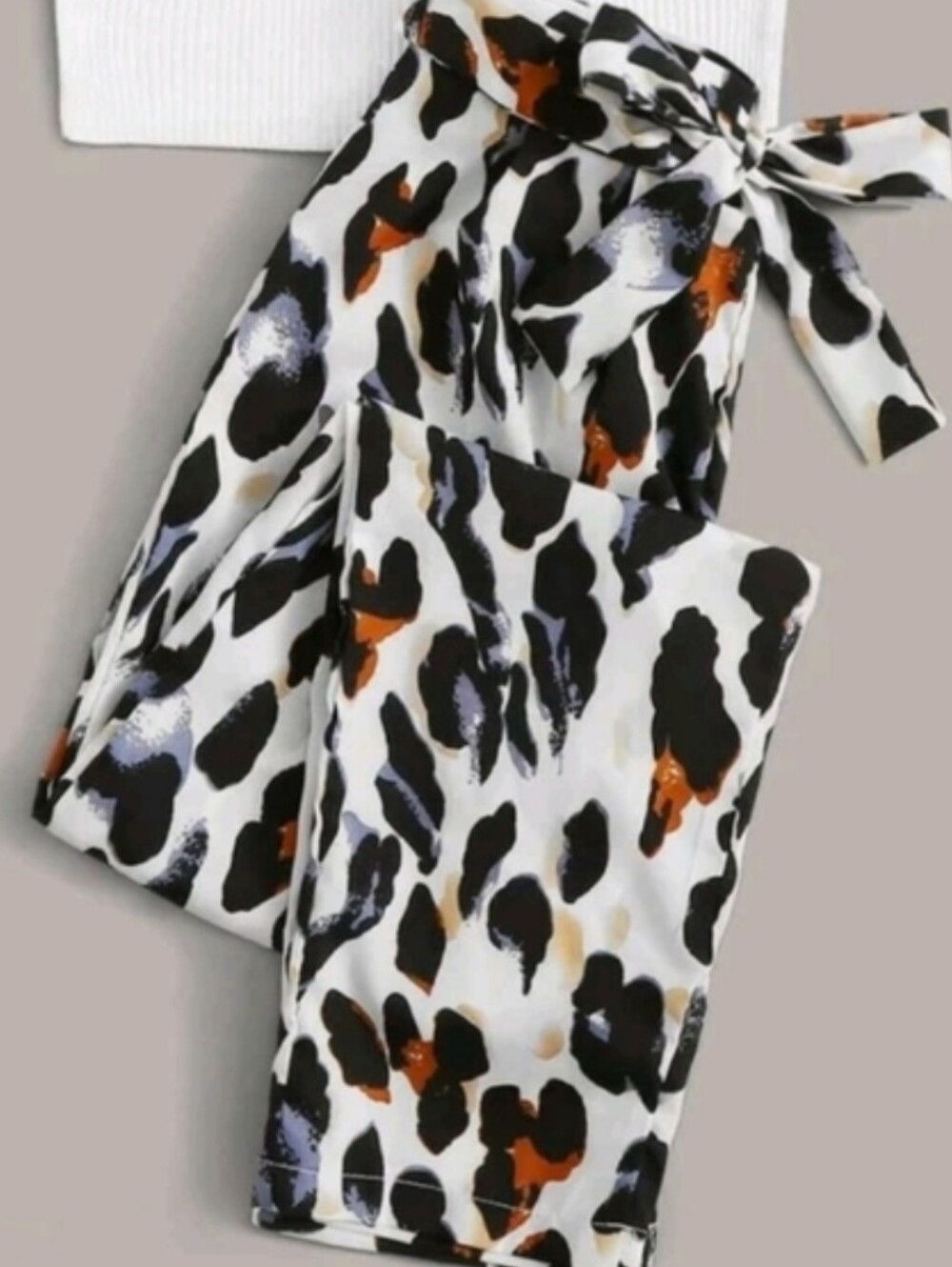 SHEIN‎ White Leopard-Print Tie-Waist Trousers with Black, Orange & Purple Spots